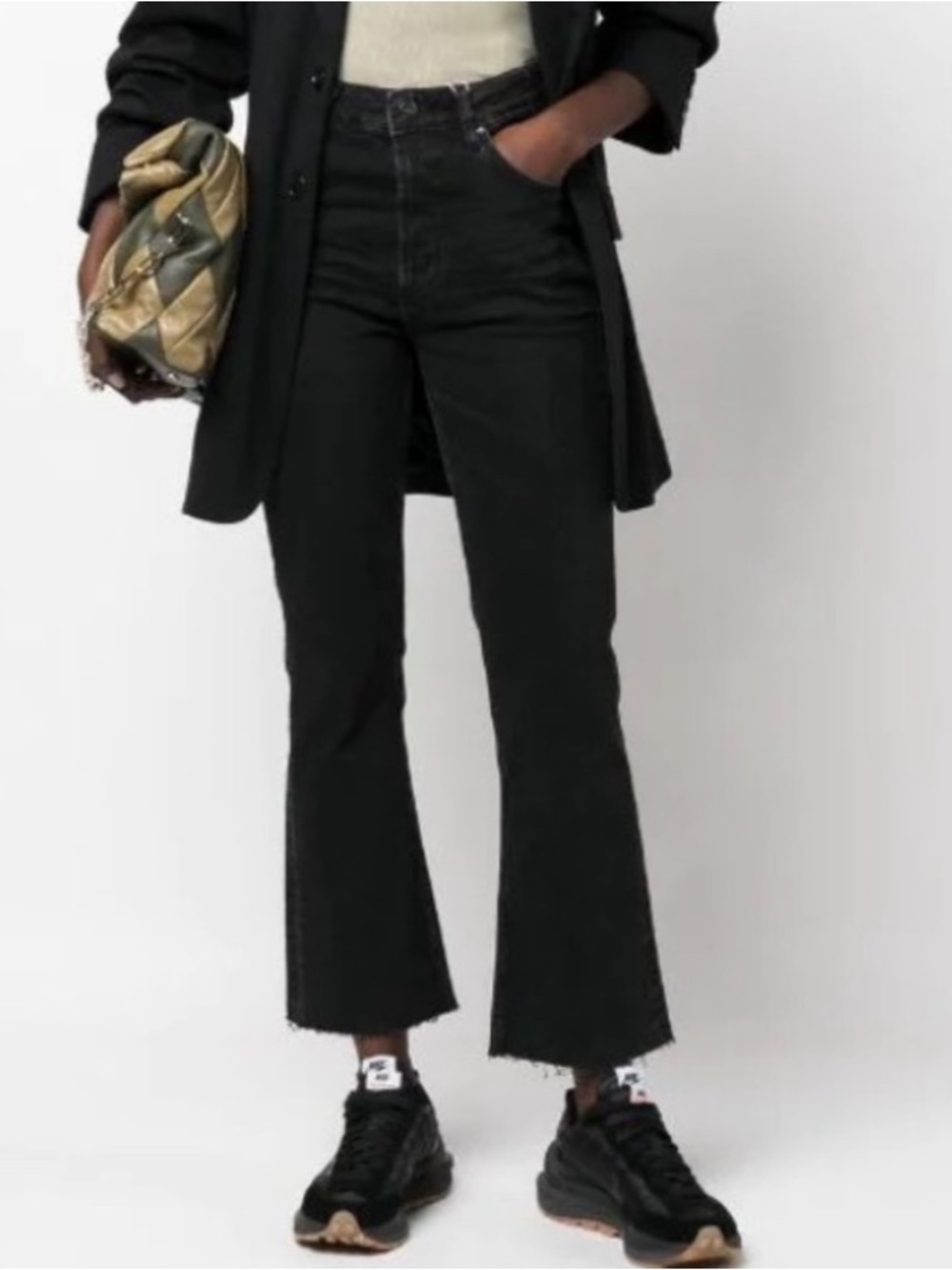 ANINE BING Lara Cropped Denim Jeans Flare Leg Raw-Cut Hem Black Size 27